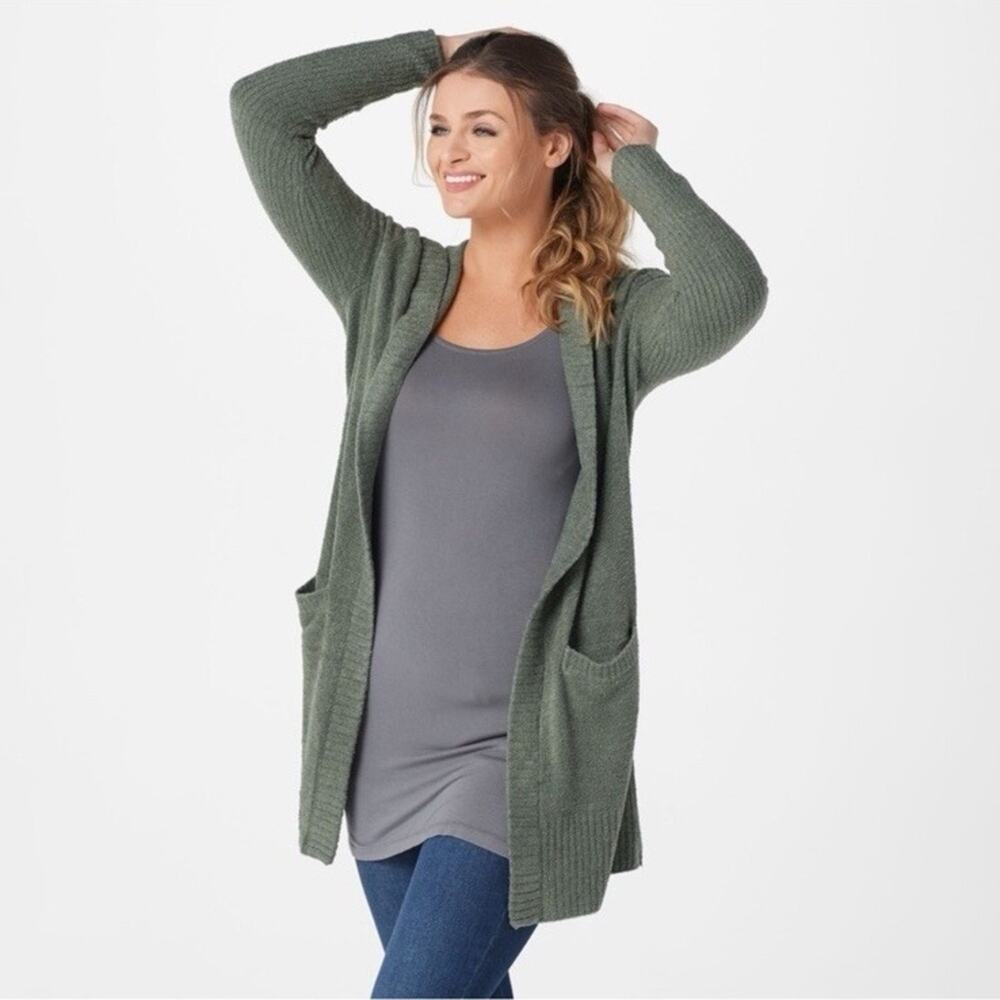 Barefoot Dreams Cozychic Ultra Lite Green Hooded Fuzzy Knit Cardigan Sweater XS